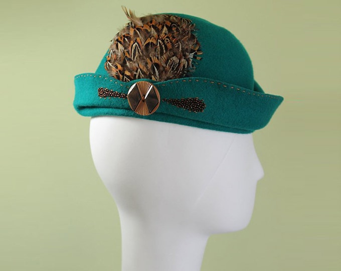 Teal Cloche - Women's Teal Sculpted Wool Feathered Cloche Hat - 1930s Style Women's Cloche - Unique Derby Cloche - Free Shipping - OOAK