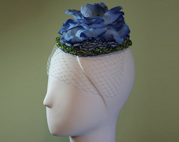 Women's Beaded Fascinator - Hand-Beaded Blue Flower - Bridal - Bridesmaid - Blue Green Beaded Flower Bridal Fascinator