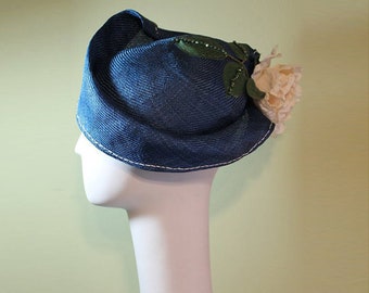 Blue Straw Hat - Blue Women's Straw Cloche Hat with Flower - Spring Summer Straw Women's Hat - Women's Derby Ascot Hat - OOAK