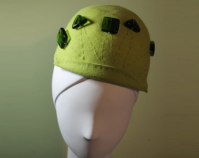 Green Beanie Hat - Chartreuse Green Beaded Wool OOAK - 1920s 1930s Style Hat - Vintage Inspired Hat - Women's Hat - Winter Fall Hat