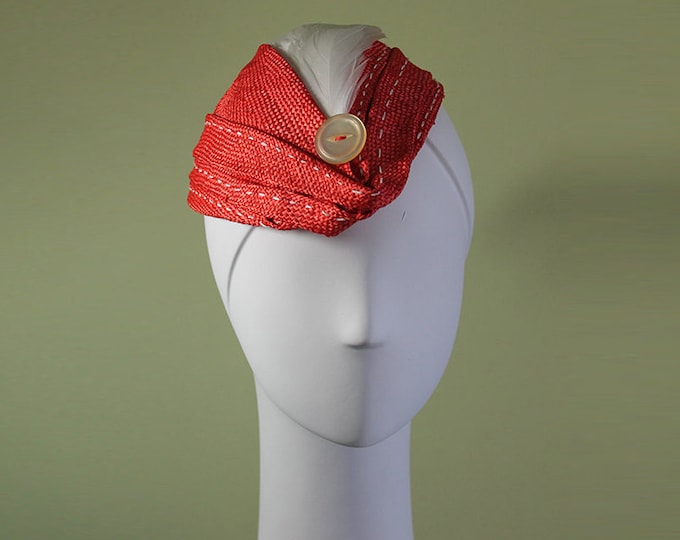 Coral Straw Fascinator - Red Straw Hat - Oversized Button & Feathers - Spring Summer Red Straw Hat - Red Kentucky Derby Hat - OOAK