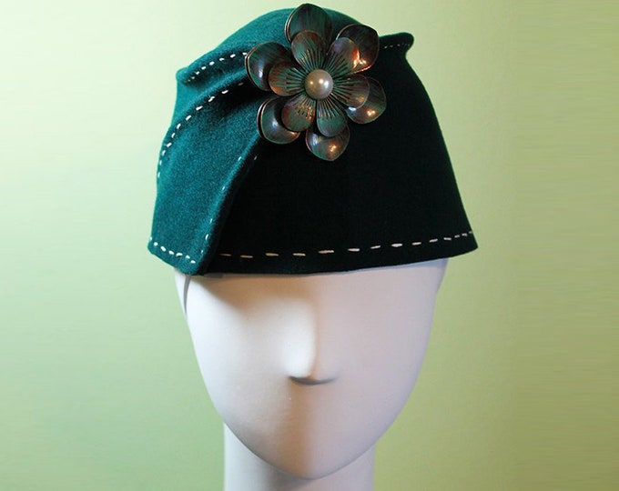 Wool Bucket Hat - Dark Green Wool Women's Sculpted Fez / Cloche Hat - Green Fez - Green Wool Bucket Hat - OOAK