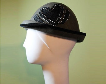Gray Wool Hat - Women's Hat Black Beaded Heart - Gray Wool Women's Bowler - Valentine's Day Women's Hat - OOAK