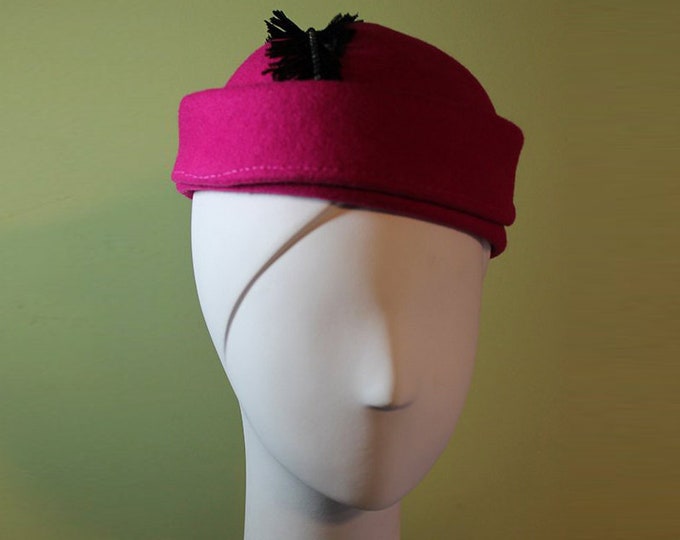 Hot Pink Cloche - Women's Bright Pink Wool Sculptured Hat with Black Feather - Sculpted Cloche - Art Deco Style Women's Wool Hat - OOAK