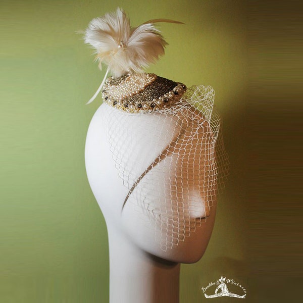 Veiled Bridal Fascinator - Hand Beaded with Feathers & Veil - Beaded Wedding Fascinator - Vintage Style Wedding Fascinator - OOAK