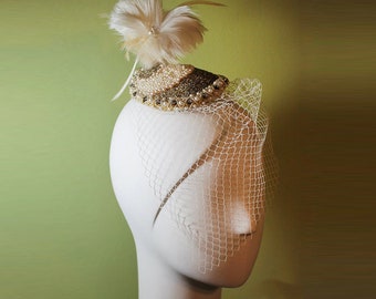 Veiled Bridal Fascinator - Hand Beaded with Feathers & Veil - Beaded Wedding Fascinator - Vintage Style Wedding Fascinator - OOAK