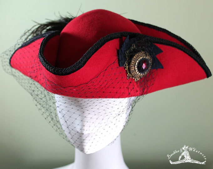 Women's Red Tricorn Hat - Women's Pirate Steampunk Buccaneer Hat - Tricorn Wool Hat - Tricorn Hat Feather Veil - OOAK