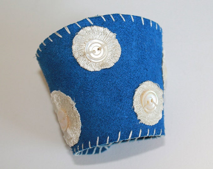 Leather Cuff Bracelet - Blue Suede Polka Dot Leather Cuff Bracelet with Vintage Mother-of-Pearl Buttons - OOAK