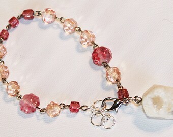 Druzy Bracelet - Pink Beaded Glass with Large Druzy Rock - Silver Chain Bracelet - OOAK