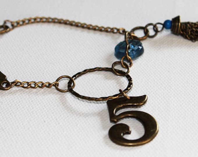 Charm Bracelet - Boho Vintage Style Charm Bracelet - Vintage Blue Glass Button - Chain Tassel - Vintage Gold - OOAK