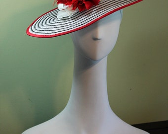 Kentucky Derby Hat - White and Black Striped Women's Derby Hat with Flowers OOAK - Ascot Hat - Flower Hat