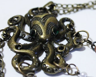 Octopus Necklace - Unique 24" Long Vintage Gold Octopus Necklace - OOAK