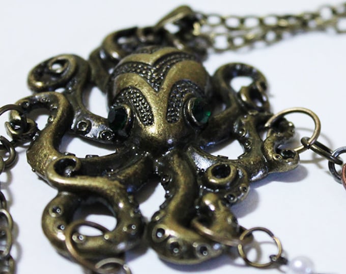 Octopus Necklace - Unique 24" Long Vintage Gold Octopus Necklace - OOAK