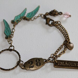 Charm Bracelet - Boho Vintage Style - Wing Charms - IMAGINE Charm - Vintage Gold - OOAK
