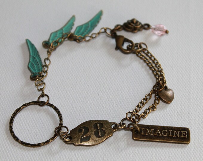 Charm Bracelet - Boho Vintage Style - Wing Charms - IMAGINE Charm - Vintage Gold - OOAK