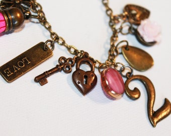 Charm Bracelet  - Pink and Gold - Heart Locket Key 2 Charms - Heart Locket Bracelet - OOAK