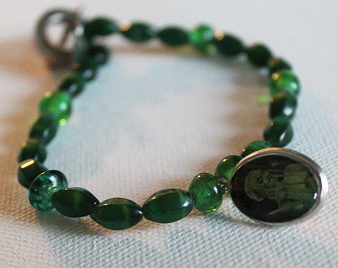 Demon Charm Bracelet - Vintage Inspired Green Glass Beaded Bracelet - Halloween Bracelet - Goth Bracelet - OOAK