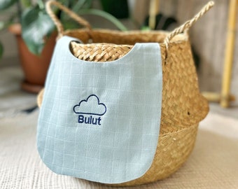 Organic Cotton Cloud Embroidery Baby Bibs, Drool Blue Baby Bib,