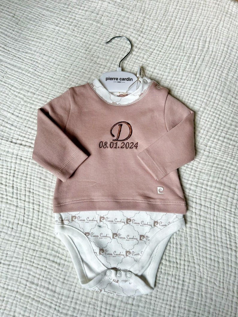 Personalized Babyclothes, Long-Sleeve Babysuit, Organic Embroidery Babyclothes Light Brown zdjęcie 1