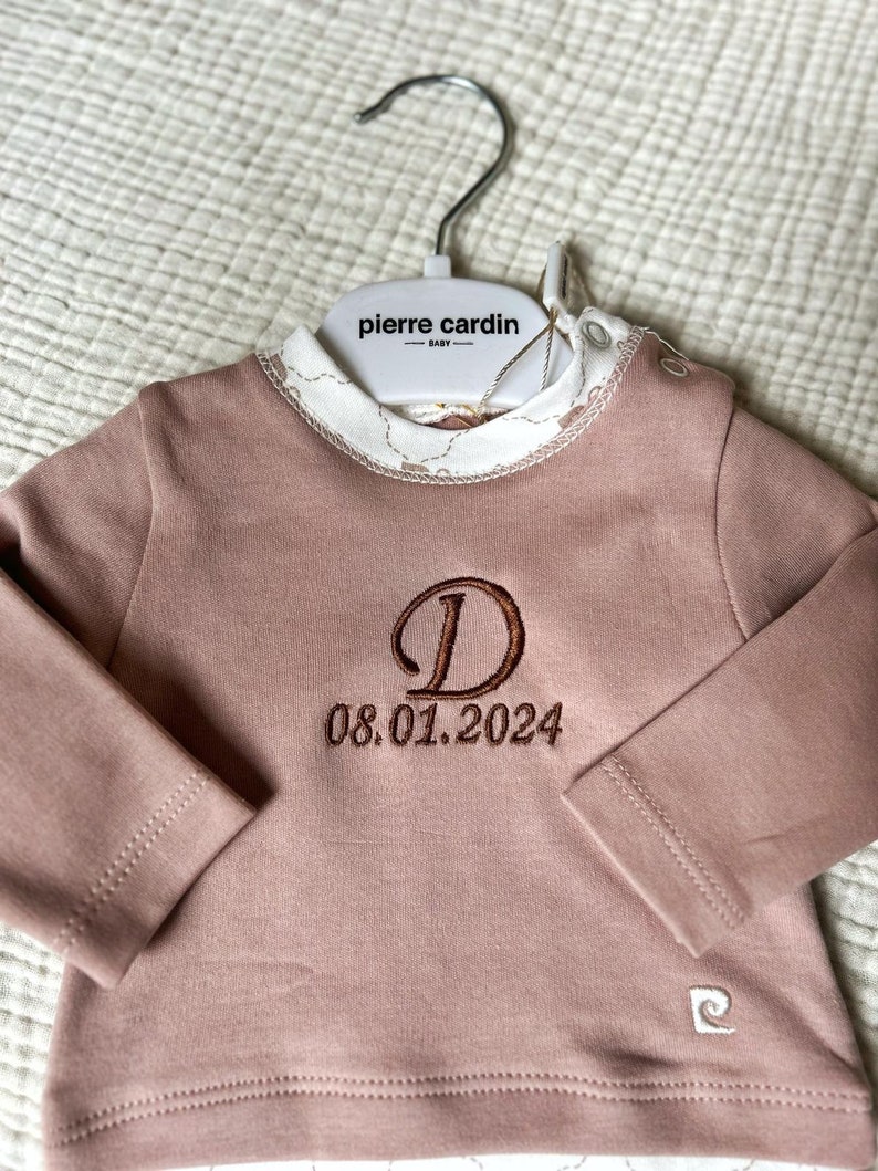 Personalized Babyclothes, Long-Sleeve Babysuit, Organic Embroidery Babyclothes Light Brown zdjęcie 3