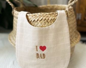 I Love Dad Pattern Bib, Baby Father's Day Gift, Baby Muslin Embroidery Bib,