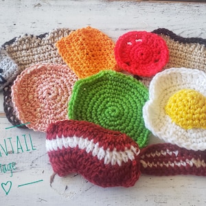 10 Piece Crocheted Play Food Set for Toddlers, Pre-Schoolers, Sandwich and Tea, Safe Soft Toys, Travel Toys, Imaginary Play