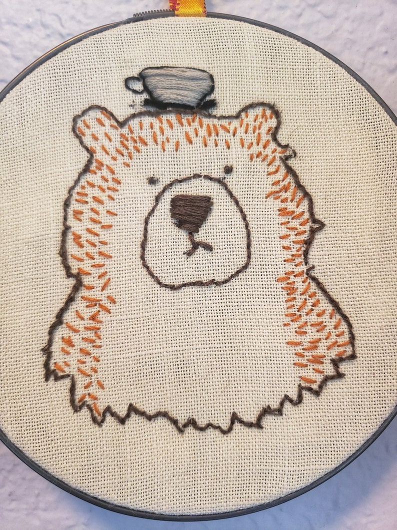 It's Bearly Teatime, Bear Embroidery Art, Hand Embroidered Art in Hoop image 3