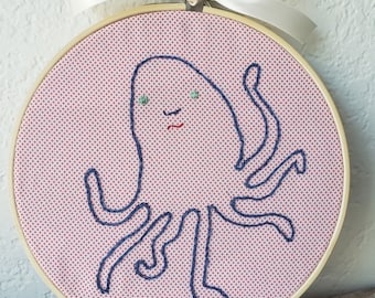 Pablo, An Embroidered Squidopus, Fiber Art, Squid Octopus Minimalist Art or Craft