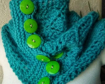 Blue Hand-Knitted Cowl with Big Green Buttons, Blue Scarf, Wool Scarf, Cowl FREE SHIP