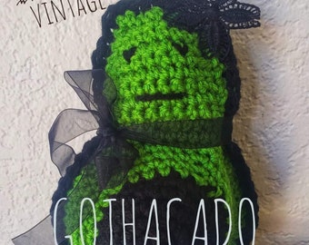 Gothacado, A Goth Crocheted Avocado Amigurumi, OOAK, Soft Plush Gothic Fruit Doll
