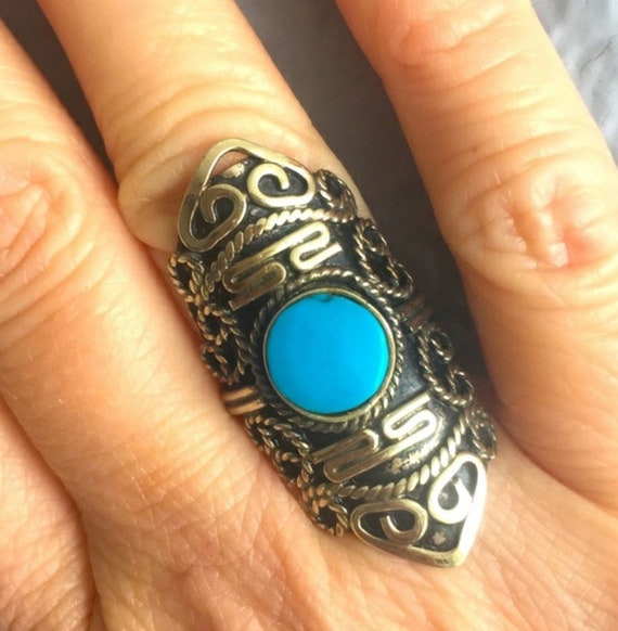Silver and Turquoise Statement Ring, Ladies, 1990… - image 1