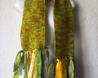 Hand Knit Wool Scarf, Yellow and Green, with Tassels, Art or Artist Scarf, Boho, Unique