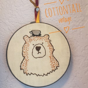 It's Bearly Teatime, Bear Embroidery Art, Hand Embroidered Art in Hoop image 1