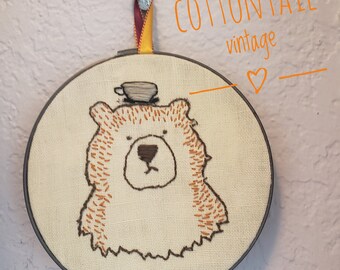 It's Bearly Teatime, Bear Embroidery Art, Hand Embroidered Art in Hoop