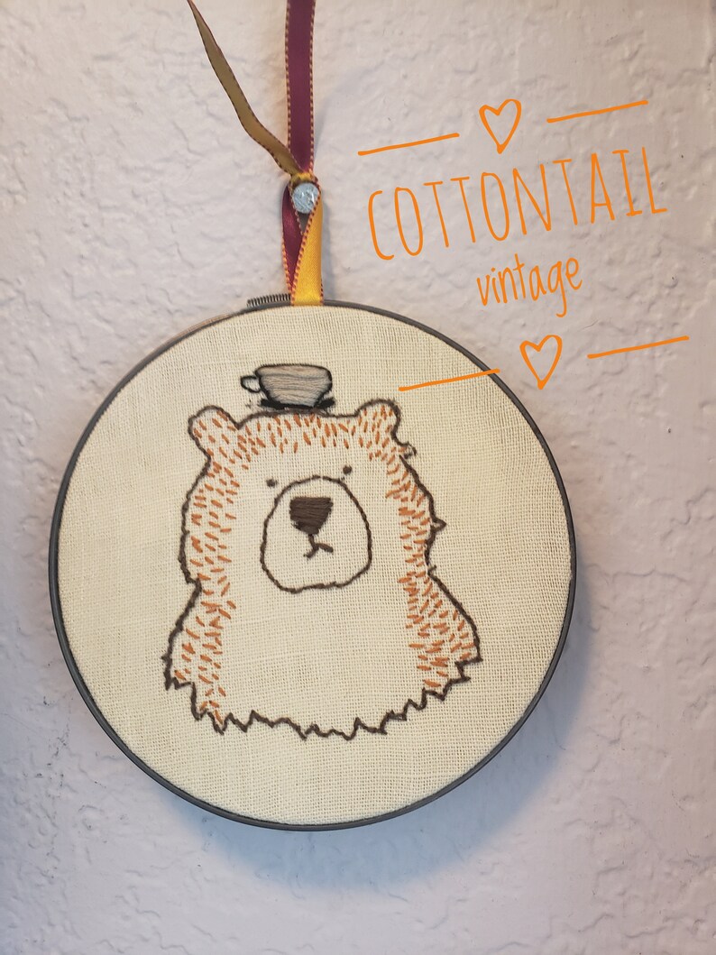 It's Bearly Teatime, Bear Embroidery Art, Hand Embroidered Art in Hoop image 1