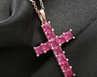Sterling Silver Ruby Cross Pendant Necklace - Vintage Style
