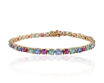 Handmade 14k Gold Gemstone Tennis Bracelet | Emerald, Ruby, Sapphire