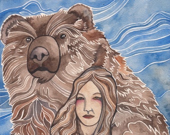Girl with Bear original watercolor by Megan Noel