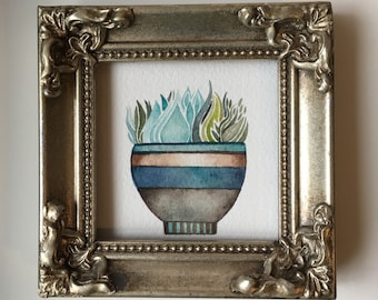 Indigo tiny planter  original framed painting  by Megan Noel