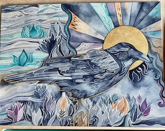 Indigo Raven original watercolor by Megan Noel