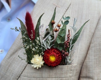 Red Custom Dried Flower Pocket Boutonnière | Cherry Pop | Unique Real Dried Men's Flowers | Weddings Formals Graduations Engagements