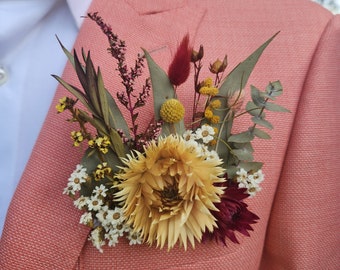 CUSTOM COLOUR Dried Flower Pocket Boutonnière | Unique Wedding Men's Flowers | Weddings Formals Graduations Engagements