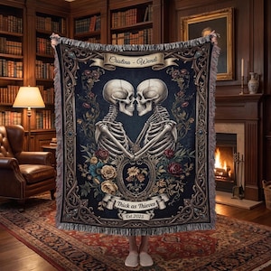 Personalized Skeleton Couples Woven Blanket, Gothic Wedding Blanket, Anniversary Gift for Goth Couple, Halloween Blanket, Sofa Throw Decor