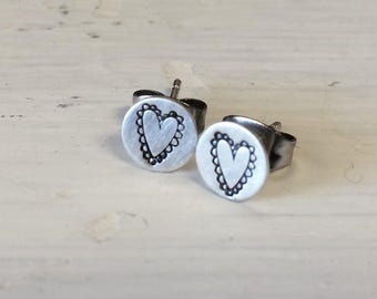 Sterling Stamped Frilly Vintage Heart Stud Earrings