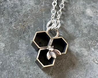 Brass Triple Honeycomb with Sterling Bee Necklace