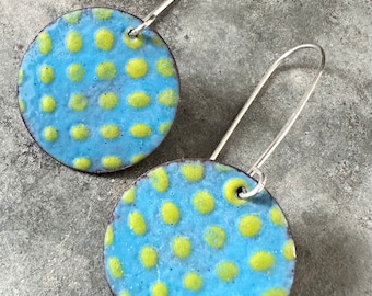 Round Blue and Green Enamel Earrings