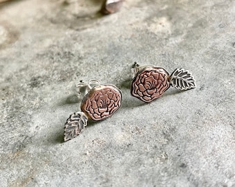 Sterling and Copper Peony Post Earrings