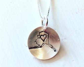 Stamped Silver Alaska Love Heart Necklace