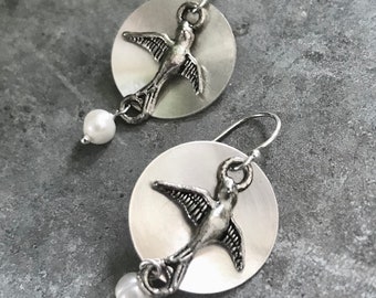 Sterling Disc with Bird and Pearl Earrings