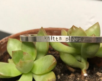 Hand Stamped Sterling Silver Knitta Please Cuff